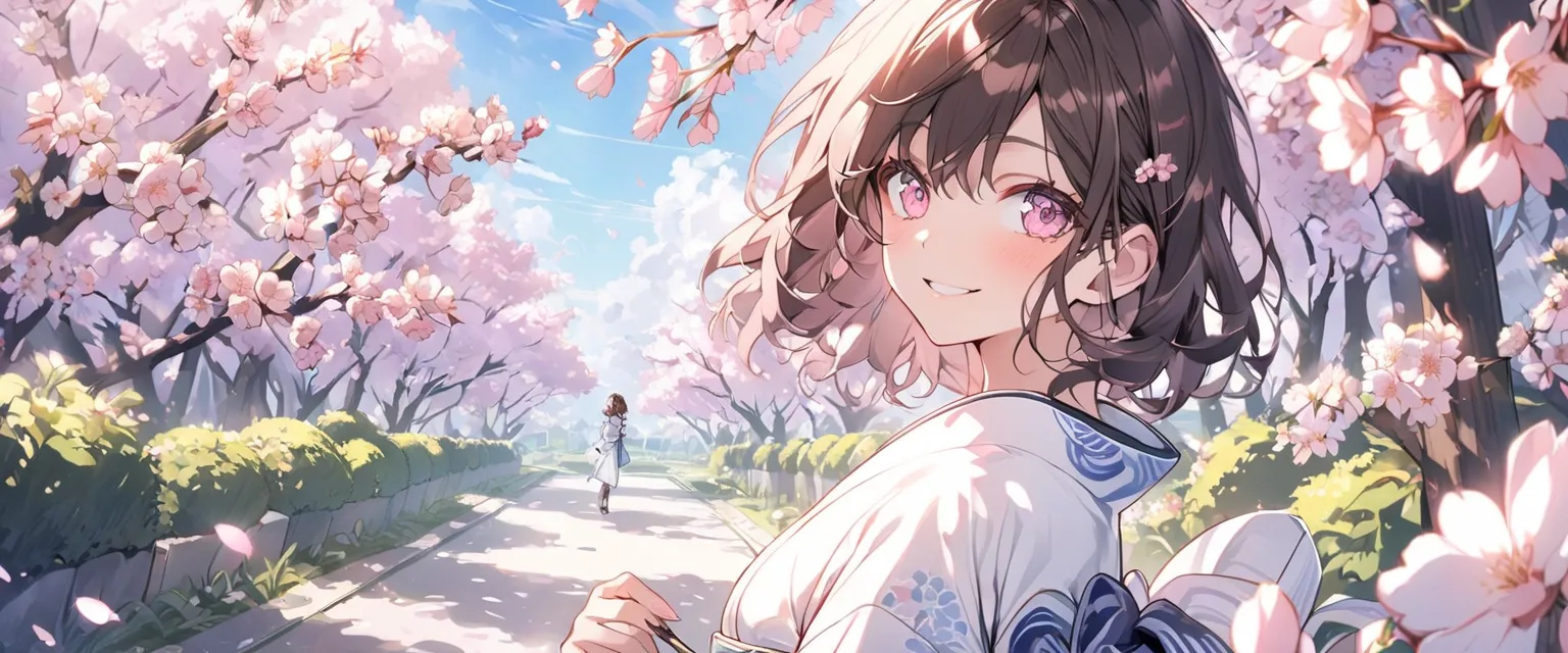 alone，medium hair ，dark brown hair， with pink highlights on the tip，woman， light pink eyes， White Kimono ，smile，cherry blossoms，blue sky，garden