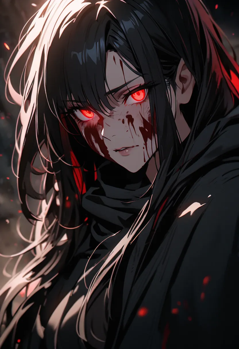 female, solo, adult, black hair, red eyes, glowing eyes, beautiful color, high detail, beautiful eyes, , mature, long hair, black cloak, macro picture, cowl cloak, stoic face, blood on face,