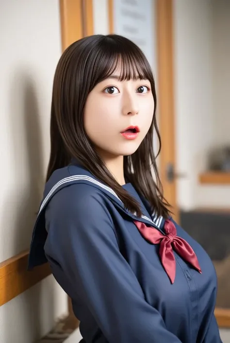 high resolution photo of a young Japanese woman, 8k, masterpiece, Highest quality, detailed description, photorealistic, complicated details,  natural light, 1 girl, Straight Long Hair with Bangs, sailor suit,school uniform,  I'm in the classroom, (open yo...