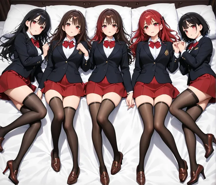 5 girls black stockings　  beautiful legs　red high heels brown loafers bed black blazer red skirt