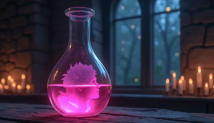 alchemy Flask. It mixes two liquids: pink and black. Translucent silhouettes of faces are visible inside liquids. In black, a guy with dark medium hair, in pink is a guy with short white hair. background - the room is medieval, this bulb is on the table. c...