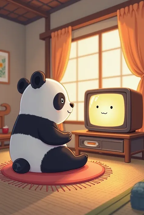 Une adorable illustration pour enfant représentant un panda qui  regarde la télévision, allongé sur un coussin, dans une maison japonaise.L'ambiance est douce et chaleureuse, avec une lumière tamisée. Le style est coloré et cartoon, avec des traits ronds e...