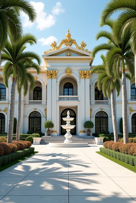 A grand white-marble mansion with intricate golden carvings, large French windows, and a tall entrance gate. A majestic fountain stands in the courtyard, with royal palm trees lining the long driveway. The mansion has a double-height entrance with crystal ...