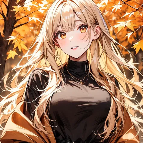  alone, female,   yellow hair,    yellow eyes,  long hair,  Straight hair , Expressed eyes  , Autumn costume  ,  Stylish  ,  staring at the camera ,  big boobs , adult,  park background