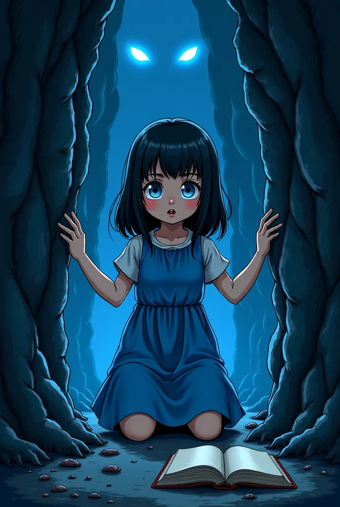 A girl hidden in a cave. Wearing a dress up to her feet blue. Her hands are touching the walls on both sides kneeling.  has a scared look . There is a book on the floor. There are glowing eyes behind her, like those of nocturnal animals. Manga style