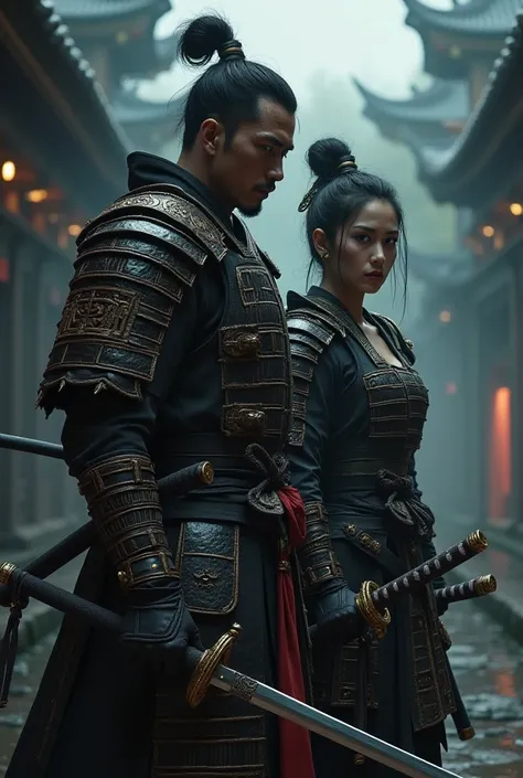 Create a pair of (Man and woman) warriors based on a fantasy world. with armor. Warriors' traits are Japanese. They are based in Japan. Realistic and somewhat gloomy image. 