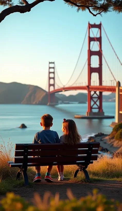 coastal image of a boy and a girl who are sitting on a park bench observing the landscape of the bridge in the city of San Francisco - USA. vivid colors. spectacular nature. spectacular image. total clarity. 8k