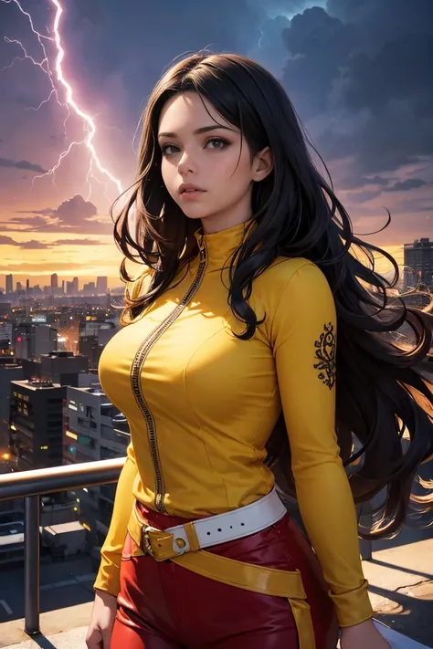 a realistic illustration of a Brazilian heroine named Super Braz,28 year old woman,long wavy hair ebony,4K,ultra-detailed,photorealistic,studio lighting,vibrant colors,Brazilian urban scene, flying over the city,definite expression, superpowers,tight red a...