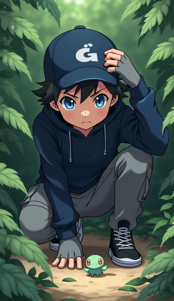 "Peering into the thick foliage, Satoshi (Ash Ketchum) finally spots a small, trembling Pokémon hiding among the leaves. Its tiny eyes dart around nervously, sensing his presence. He adjusts his deep navy cap, a spark of excitement in his gaze. His dark bl...