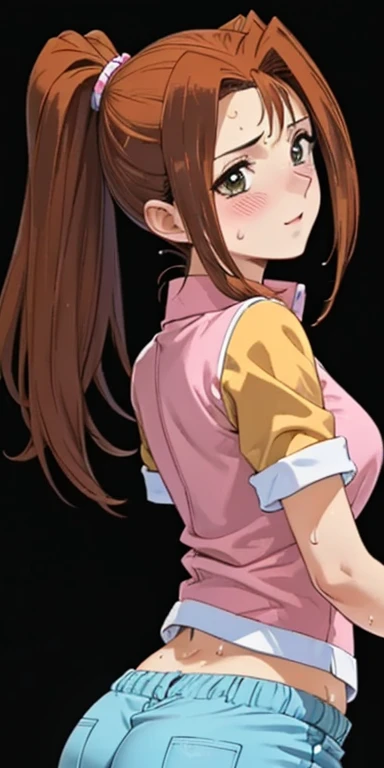  1 female,high definition,high resolution,  ultra-realistic  ,8K,serenidaddm ,  gray eyes,long hair, brown hair,   pink shirt , blue shorts,European,sexy,Close-up of your upper body, photographed from the front , Dynamic Angles ,blush, small , pretty face,...