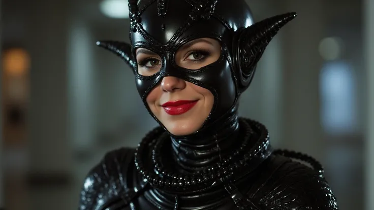 she wears latex  ,  smiles.  is evil space alien in disguise.  