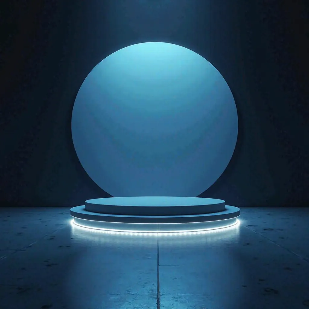 "Design a sleek, futuristic stage featuring a single circular podium in a dark environment, illuminated by two soft blue spotlights from above. The surrounding space should be minimal, with a smooth reflective floor subtly capturing the light. The overall ...