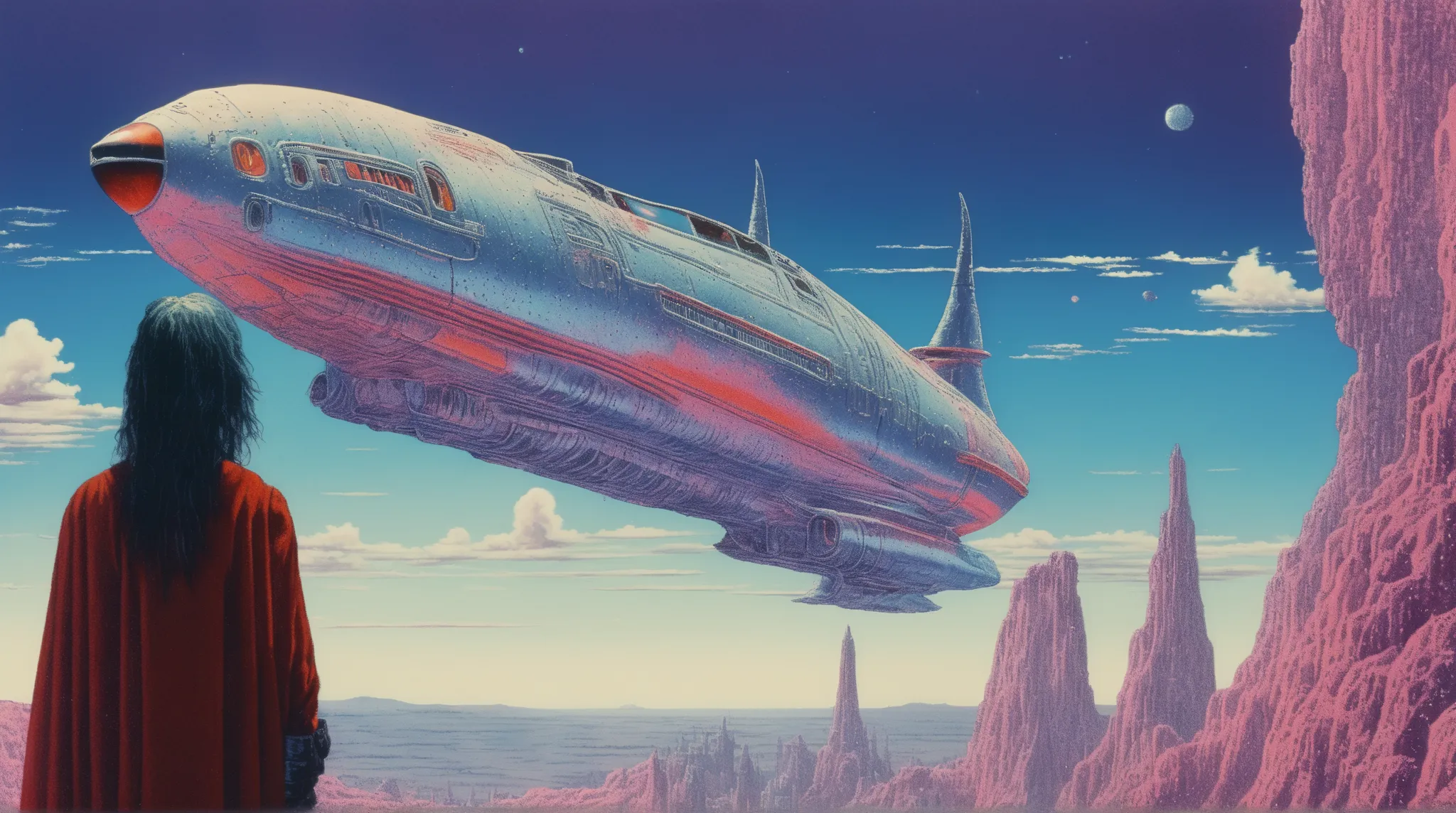 Mobis (Jean Giraud) Style - A picture by Jean Giraud Mobis, The picture shows a  Spaceship in deep sky, Science fiction illustrations, Retro-future. Sci-fi illustrations , Impressive retro-future Spaceship, galaxy, Distant nebulas. Shot with Panavision Pan...