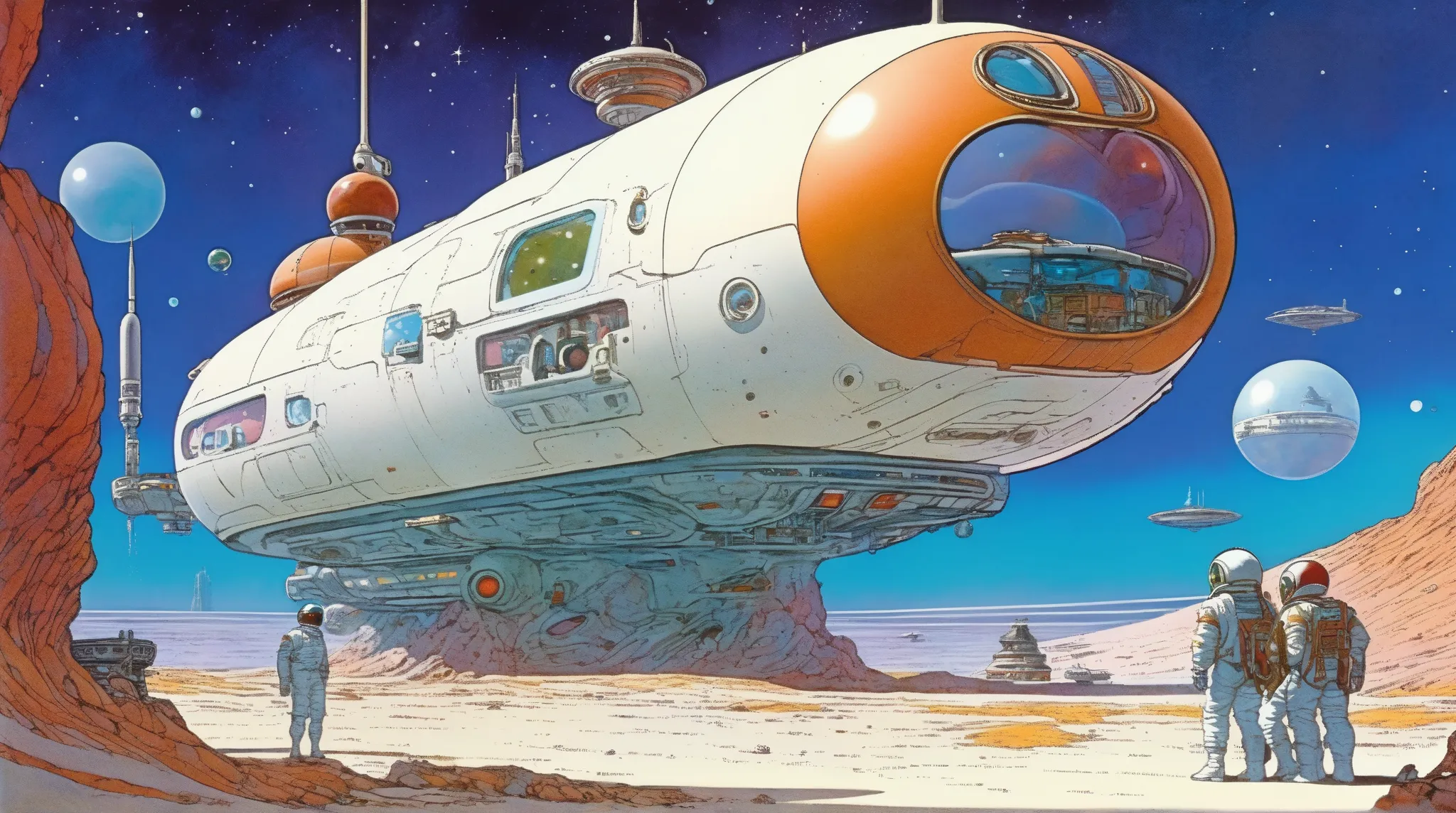 Moebius (Jean Giraud) Style - A picture by Jean Giraud Moebius, Space Station, Science fiction illustrations, Retro-future. Sci-fi illustrations , Impressive retro-future Space Station, galaxy, Distant nebulae, Package art, like Thunderbirds, Picture story...