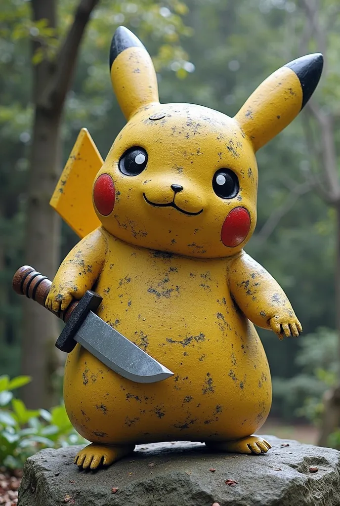 A statue of a giant stone Pikachu with a machete 