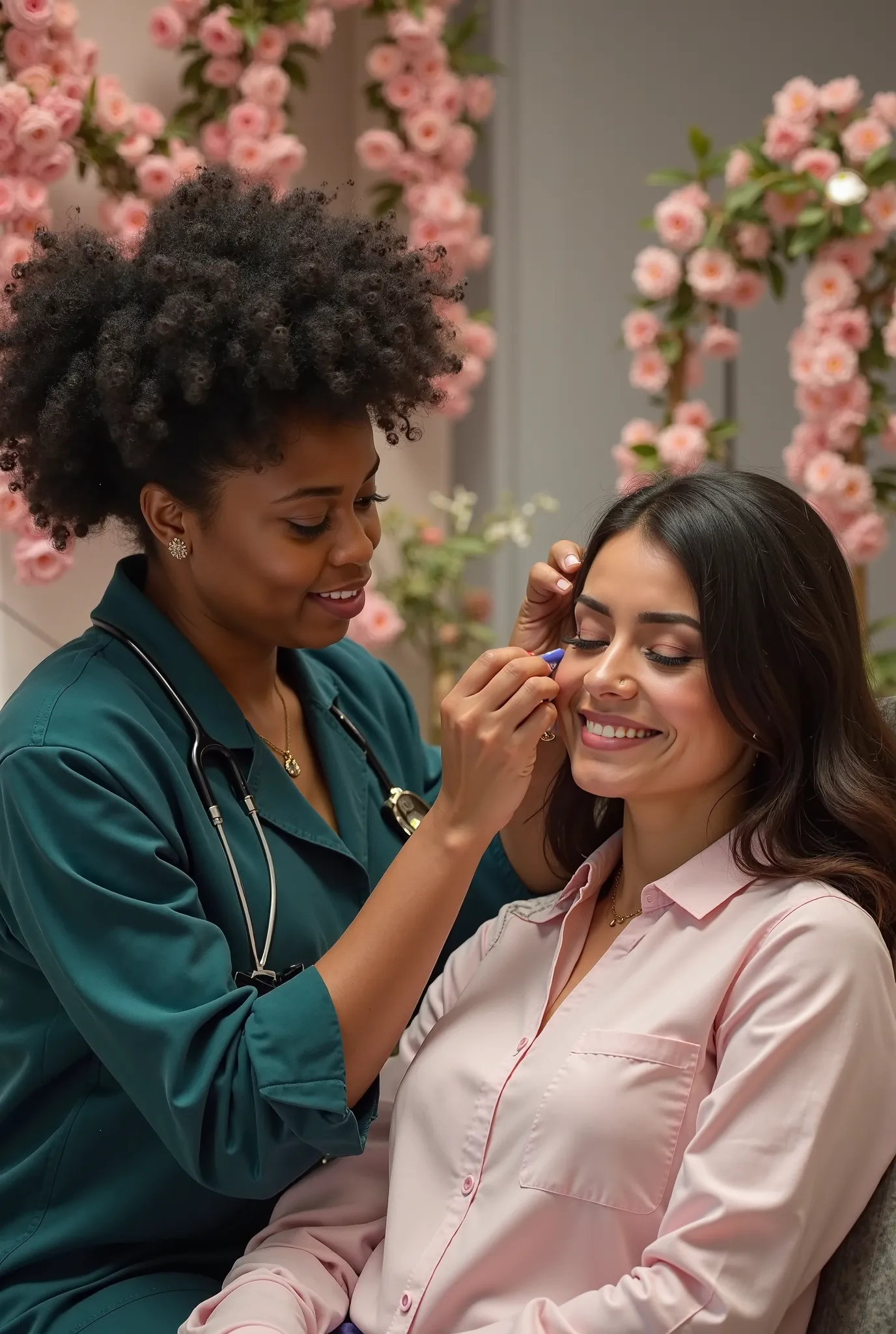 Realistic photograph of a professional lash designer applying eyelash extensions to a client, in a modern, well-lit and very cozy beauty salon with flowers all around. She is confident while applying her lashes she wears dark blue green lab coat and has af...