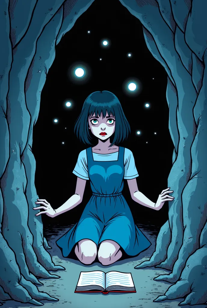 A girl hiding in a small cave Wearing a dress up to her feet blue. Her hands are touching the walls on both sides kneeling.  has a scared look . There is a book on the floor. There are a lot of bright eyes behind her. comic style 