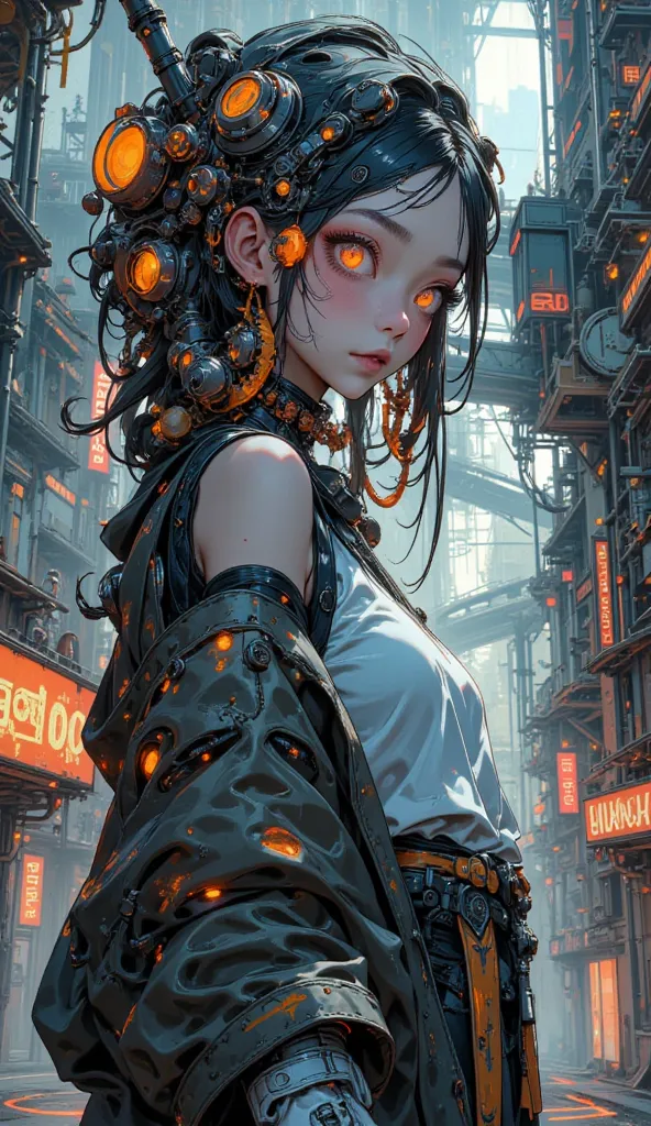 Tim Burton style、 young woman、 3D Futurism  ,   neon color、fantasy science、cyberpunk、