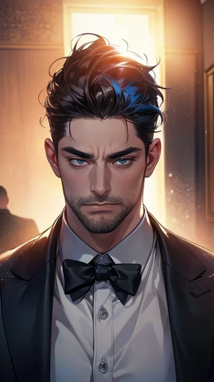 (    best quality,4K,8k,       highres,    masterpiece :1.2),    ultra-detailed    ,(Realistic,photoRealistic,photo-Realistic:1.37),36-year-old man,3 day beard,Beautiful anime,Portraits,strong,masculine,        with black hair  ,sharp jaw,             mesm...