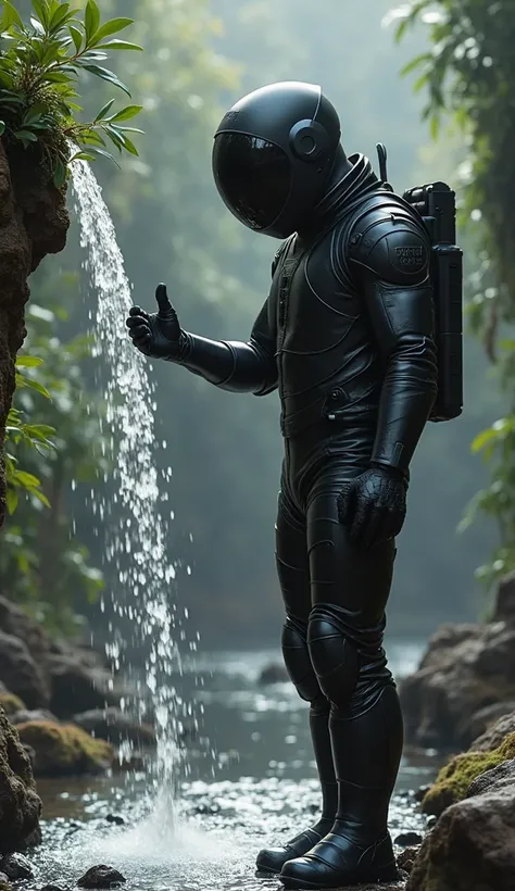 astronaut in a black suit drinking water from a small waterfall with his hand