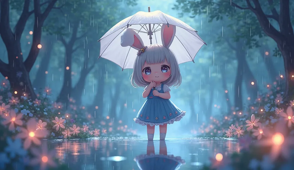 An adorable kawaii-style character with long, fluffy ears, like a bunny, of tender expression with flushed cheeks and bright eyes. She wears a blue dress with small decorative details and holds a white umbrella while a soft night drizzle falls. The backgro...