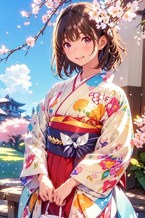 (Highest quality:1.2), masterpiece,anegasaki nene, cute, one 20-year-old woman,cute,super detailed face,detailed eyes, detailed nose,short hair,smile,  Hair, brant bang,bread, dark blue stardust pattern kimono ,Beige too ,standing,looking towards the viewe...