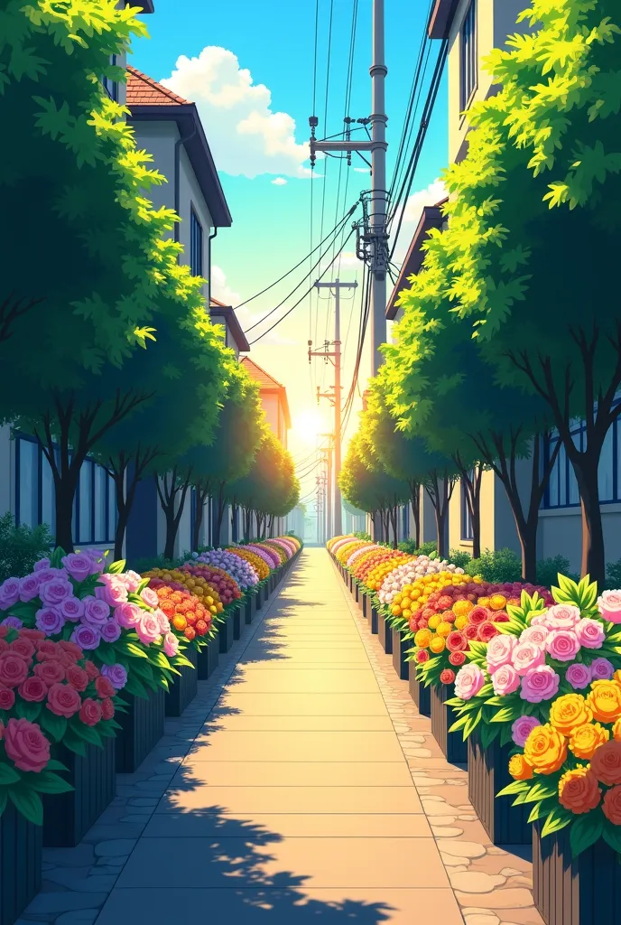 City Scene， Shinkai Makoto style ，The picture is bright and full of hope，In the middle of the picture is an alley path leading all the way to the distance，There is bright sunshine at the end of the road，There is a beautiful and lush sea of flowers on both ...