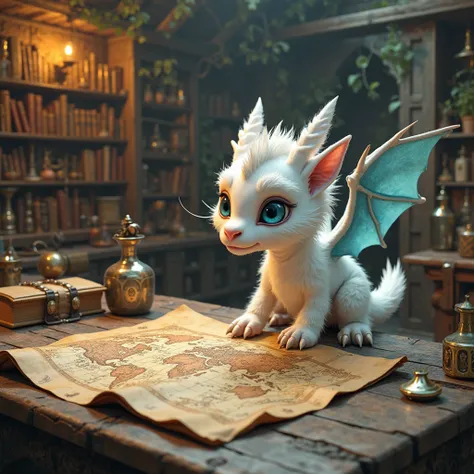 An abandoned ancient alchemist's laboratory with a bunch of magic books and potions. In the center is a giant table with a 3D map of the ancient world. A small snow-white fairy dragon, covered with very thick fur, with big blue eyes and dragon wings, spect...