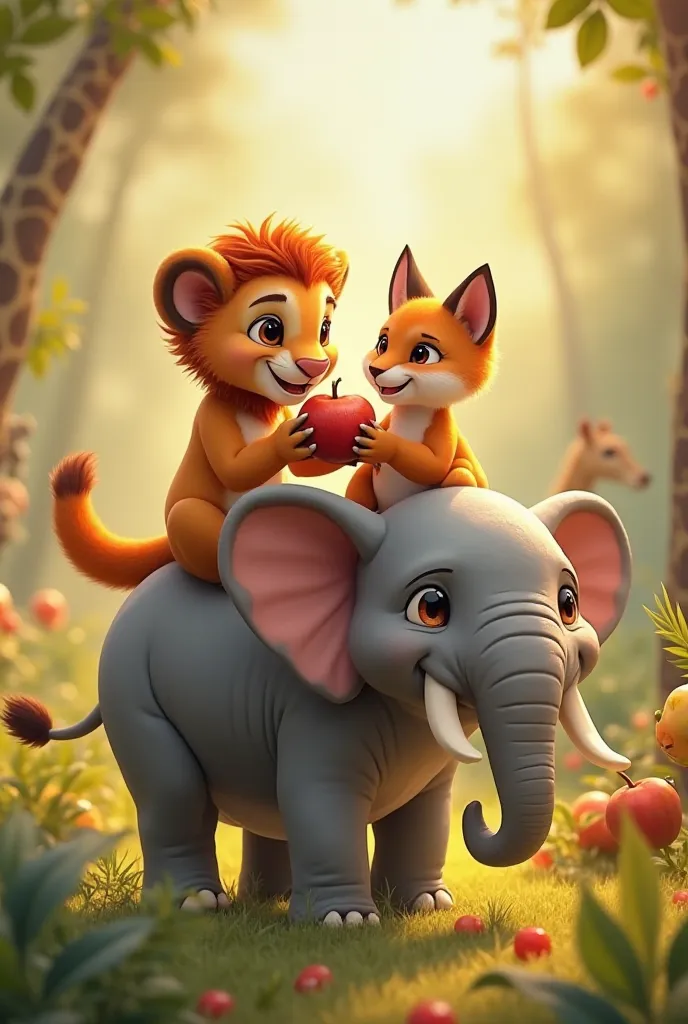 Little lion sharing fruits with little fox while having a ride on a small elephant . Giraffe smiling 