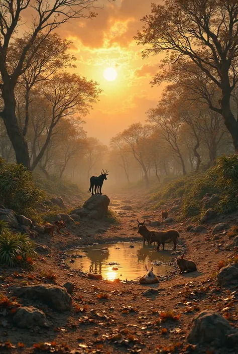 
1. The Dying Jungle

A vast, dry jungle with withered trees and cracked earth. The once-lush greenery is now brown and lifeless. A scorching sun blazes in the sky, and a few desperate animals—deer, rabbits, and birds—gather near a tiny, muddy waterhole. T...