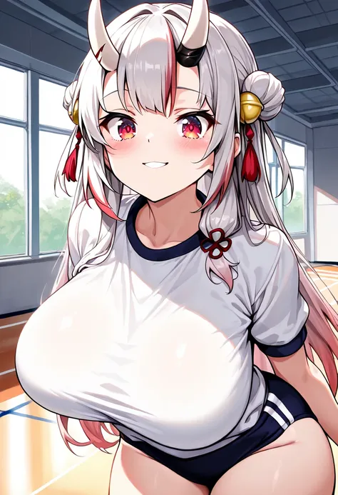 (Highest quality , 8k , masterpiece , incredibly absurdres , perfect body , super detailed skin , highly detailed eyes and face , 1 woman ) ,  nakiri ayame , Silver Hair , red eyes , demon horn , smile ,  will be happy , ( gym uniform, gym shirts, white t-...