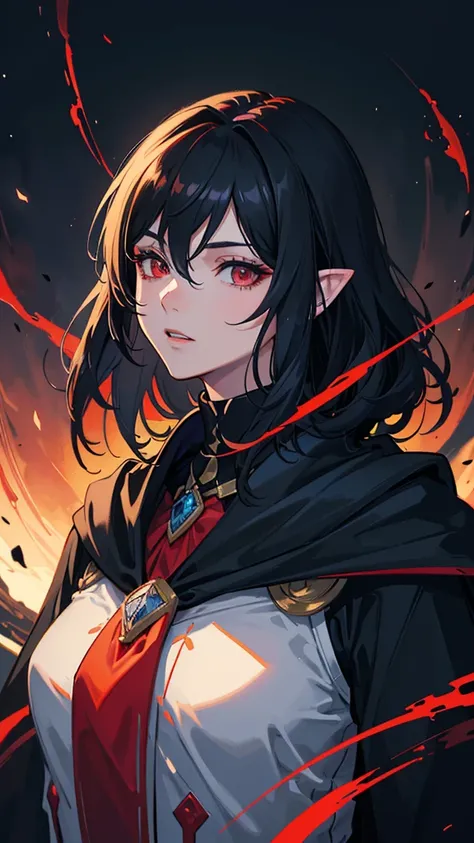 anime, A handsome man with short wavy hair and long black hair、sharp, sharp eyes、 red eyes、tooth、pointed ears、 vampire、dark blue padded collar with black cloak、 full picture, 
best quality, 4K, 8k, high resolution, masterpiece, ultra-detailed, realistic, P...