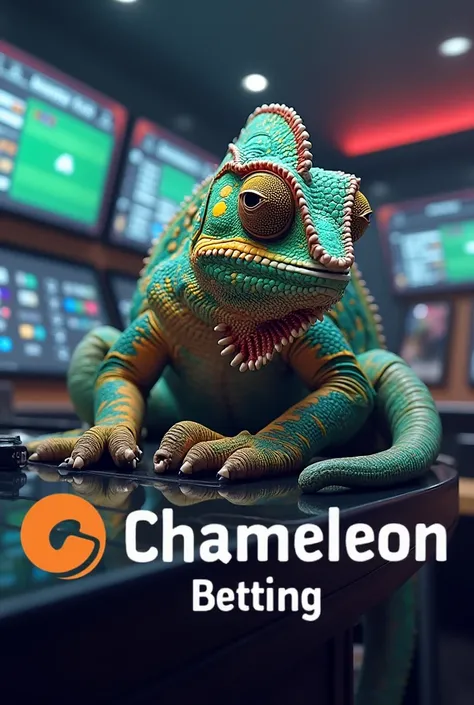 Generate a chameleon betting at a bookmaker , the chameleon logo must be in the middle of the image , Below it should say “CHAMELEON BETTING “