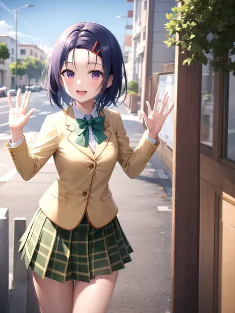 masterpiece, best quality, highres, aaharuna, short hair, hairclip, forehead, school uniform, green bowtie, white shirt, yellow blazer, plaid skirt, green skirt, pleated skirt, standing, cowboy shot, outdoors, waving, smile, open mouth, glossy lips 