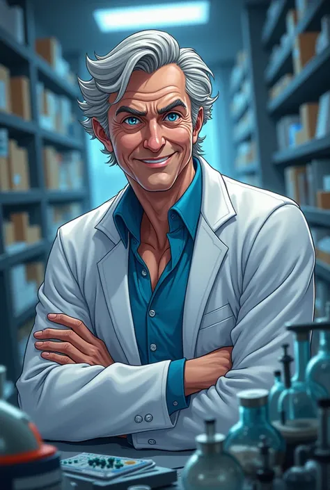 (anime) Scientist smiling, cunning, male