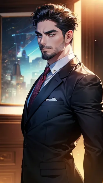 (    best quality,4K,8k,       highres,    masterpiece :1.2),    ultra-detailed    ,(Realistic,photoRealistic,photo-Realistic:1.37),36-year-old man,3 day beard,Beautiful anime,Portraits,strong,masculine,        with black hair  ,sharp jaw,             mesm...