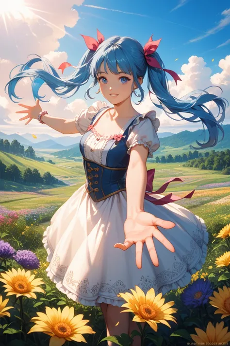 A woman around  with blue hair and twin tails reaching out to the sky