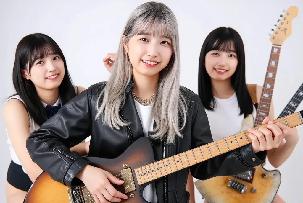 Girls hard rock Band, Bright and clear characters, A beautiful Japanese woman with long silver ponytail hair in a black leather bikers jacket playing violently the electric guitar around the center playing, No vocals, Electric guitar 2, based, A four-piece...