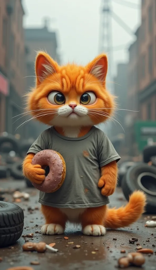 A cartoon-style cat with orange fur stands in a cluttered, industrial environment, wearing an oversized, dirty gray t-shirt. It holds a donut in its right paw and has a serious expression. The background features scattered tires and debris, with a misty at...