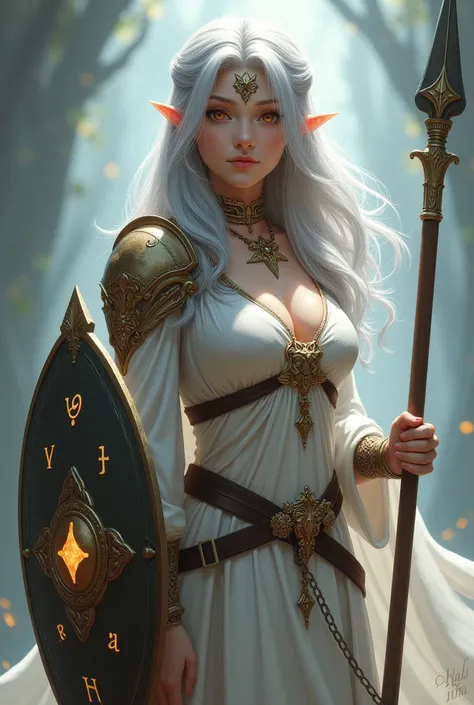 
Fantasy character innocent busty human girl cleric  healer with long grey hair with one-handed spear and shield.