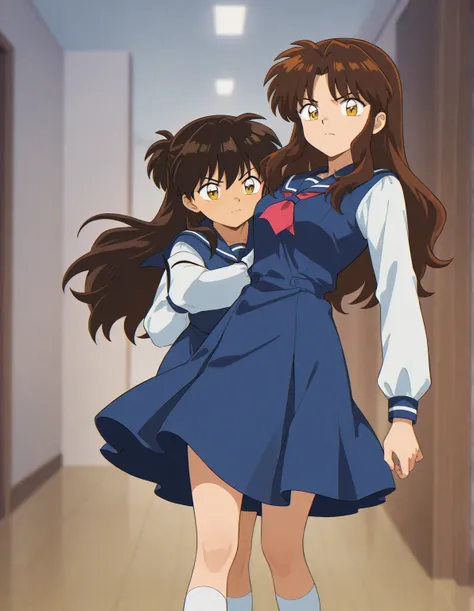 A  girl that is a sixth grade primary school student. She has short wavy brown hair with shiny golden eyes with blue dress uniform. She is serious. Kind. Inuyasha anime character art style. High quality. 