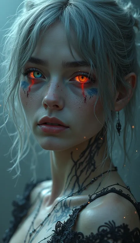 "A seductive and mysterious fantasy-style female character with slightly damp, disheveled silver-gray hair framing her face. Her eyes are strikingly heterochromatic—the left eye glows a fiery red lava flowing down from the crack, while the right eye glows ...