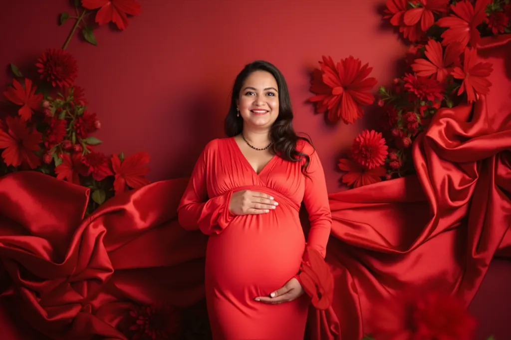 pregnant woman in red dress posing for a portrait with red flowers, a picture inspired by Anne Geddes, shutterstock contest winner, art photography, maternal photography 4 k, in red background, full body photogenic shot, pregnancy, pregnant belly, red mood...