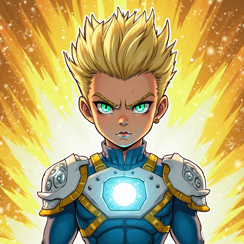 The boy you describe has a striking presence. He has spiky blonde hair, with a blue glow around, that gives an energetic touch to his appearance. Your eyes intense greens complement his serious expression, adding depth to his gaze. He has no eyebrows, whic...