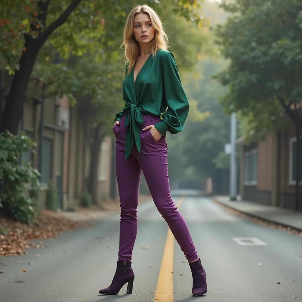 Beautiful woman (light skin)  , Dressed in narrow purple pants and heeled ankle boots and a beautiful green blouse, poses on the road.