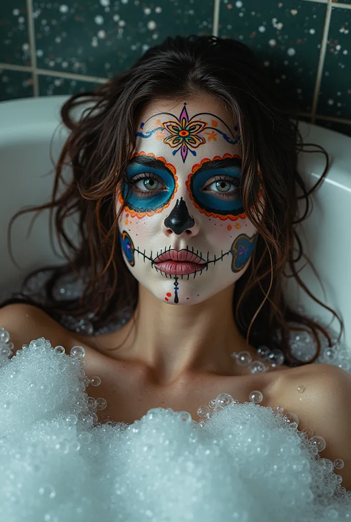 hyper artistic portrait photography of a pretty girl with sugar skull face paint, wet long brunette hair, bath in a warm bubble bathtub, relieve face, wet body, calming scenery highly quality stock photos good angle and realistic visual, good photography, ...