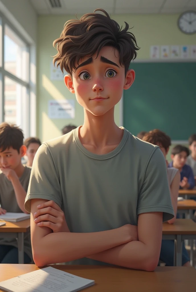 A 17-year-old guy in a shirt is not very pumped up at school is realistic