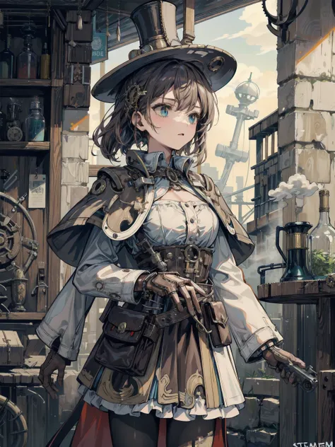 masterpiece, absurdres, best quality, best aesthetic, ultra-detailed, ultra detailed, extremely detailed, science fiction, 1girl, solo, (steampunker:1.5), black hair, short hair, half updo, sidelocks, hat, hat ornament, gear ornament, white shirt, capelet,...