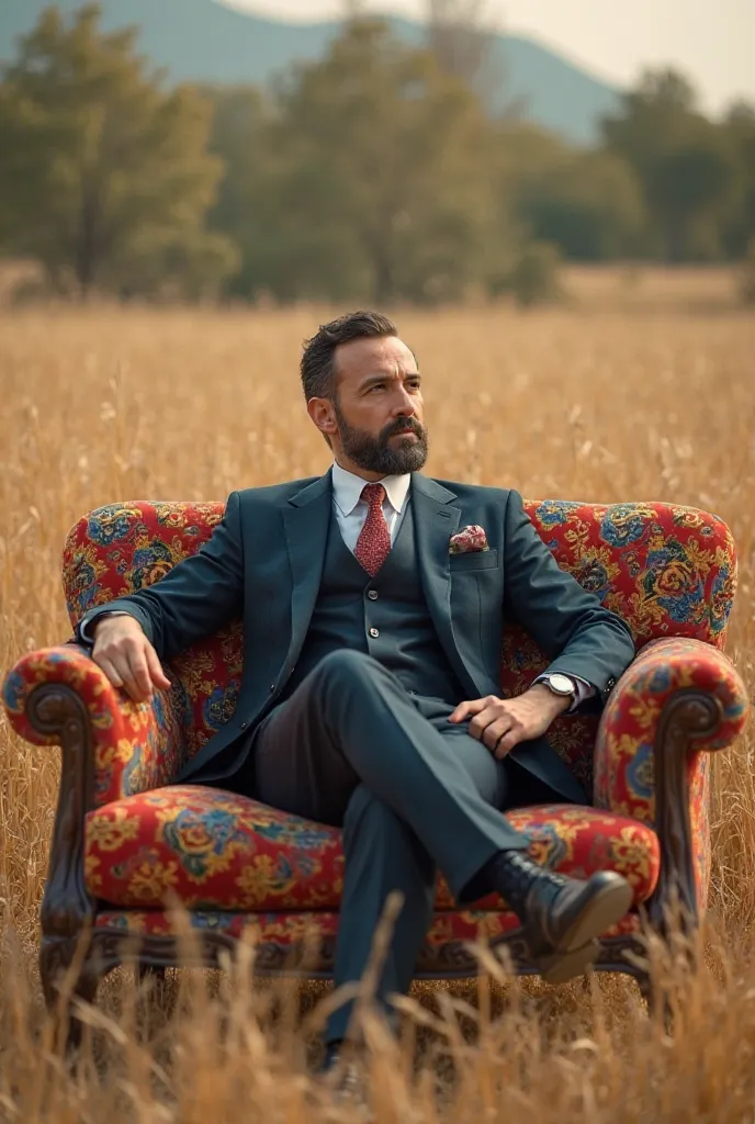 
Man wearing suit and sitting on colorful sofa outdoor on dray grass 