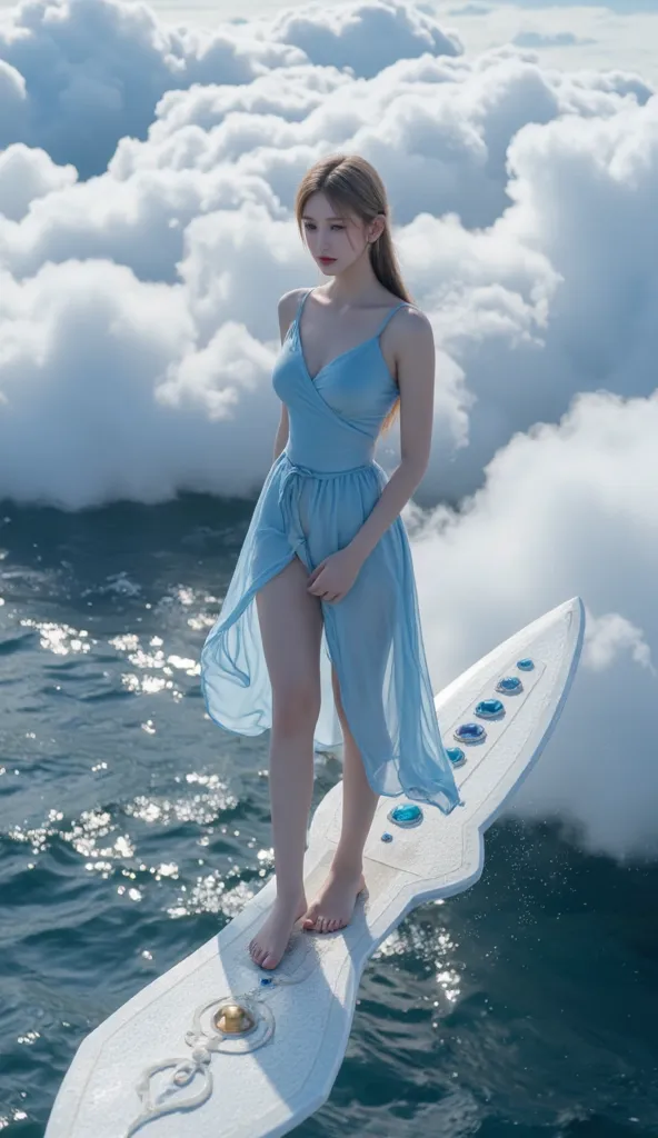 In the sky above the endless sea, the sea was sparkling, and the sea breeze roared past, setting off layers of huge waves. A fairy stood with her feet together in the center of the sword, her hands naturally drooping, and the hem of her clothes fluttered b...